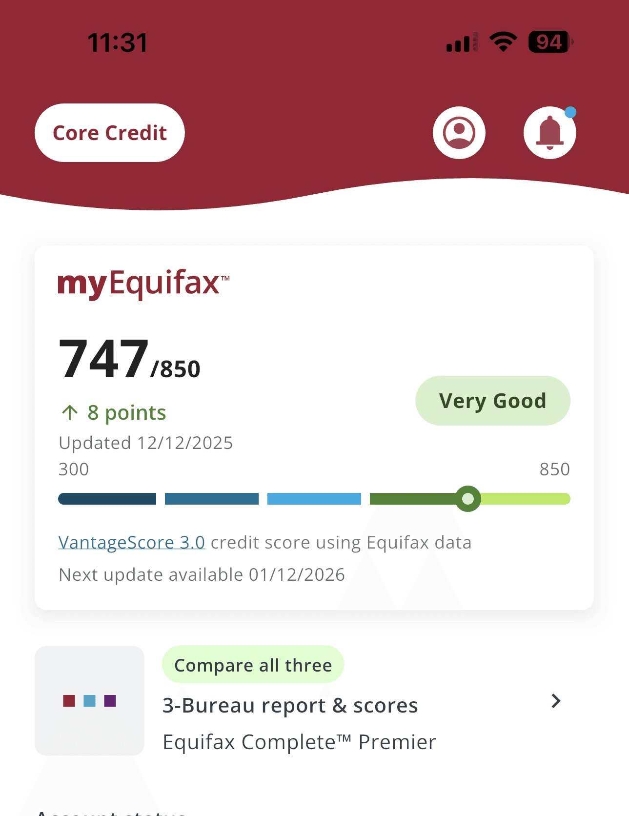 myEquifax score 747 — up 8 points