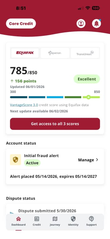 Equifax score 785 Excellent, up 156 points, updated June 1 2026
