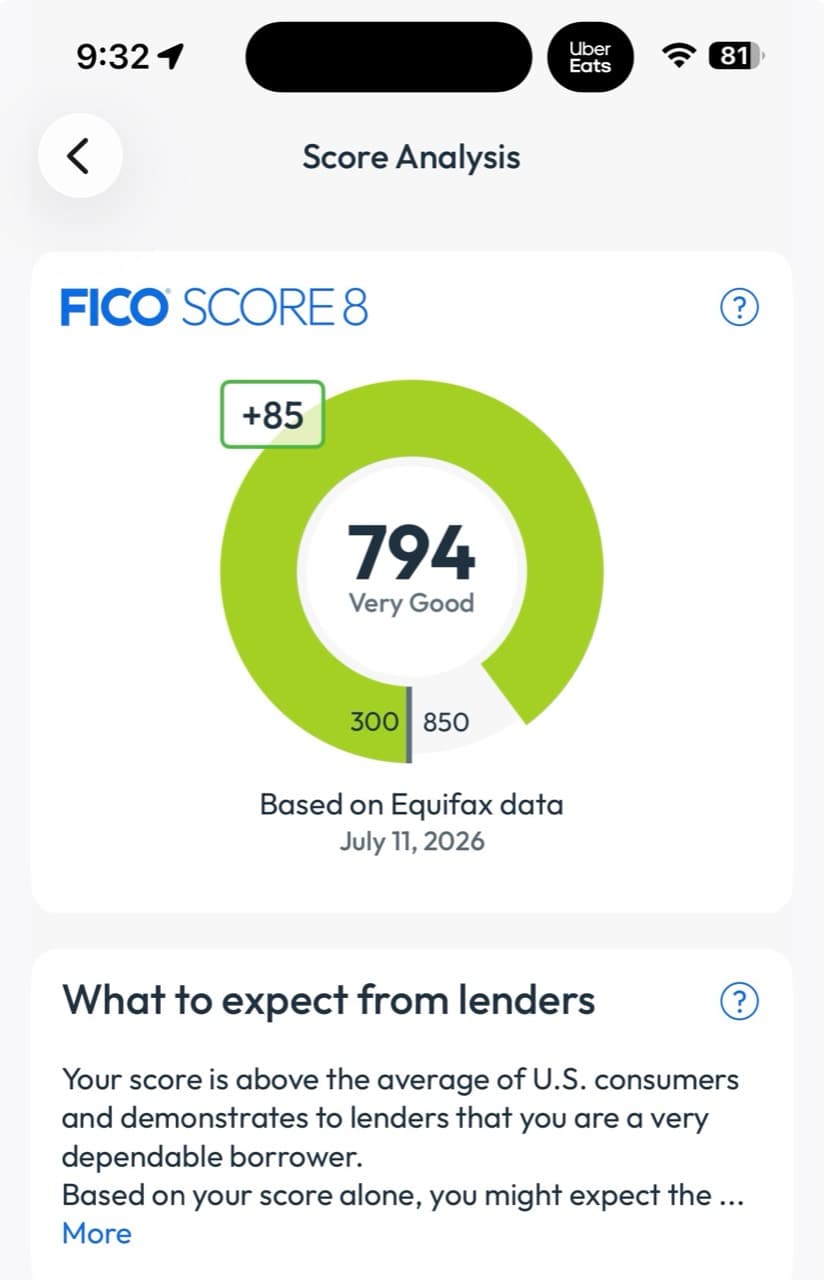 Equifax FICO Score 8 of 794 Very Good, increased 85 points, dated July 11 2026