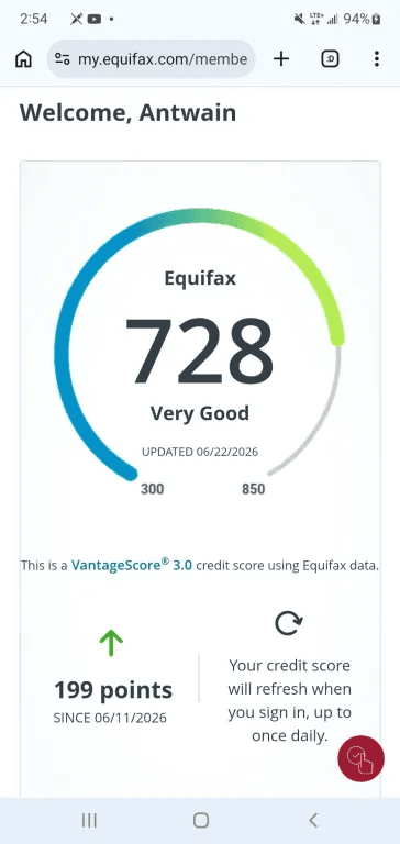 myEquifax VantageScore 3.0 of 728 Very Good, up 199 points since June 11 2026