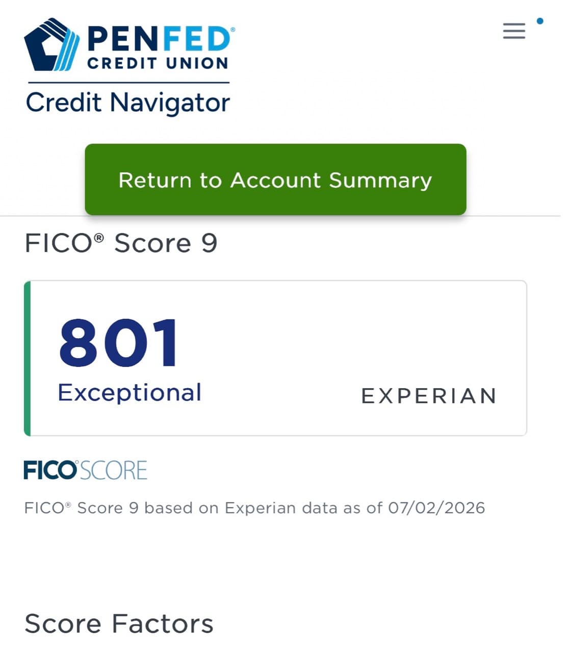 PenFed Credit Navigator showing an Experian FICO Score 9 of 801 Exceptional, dated July 2 2026