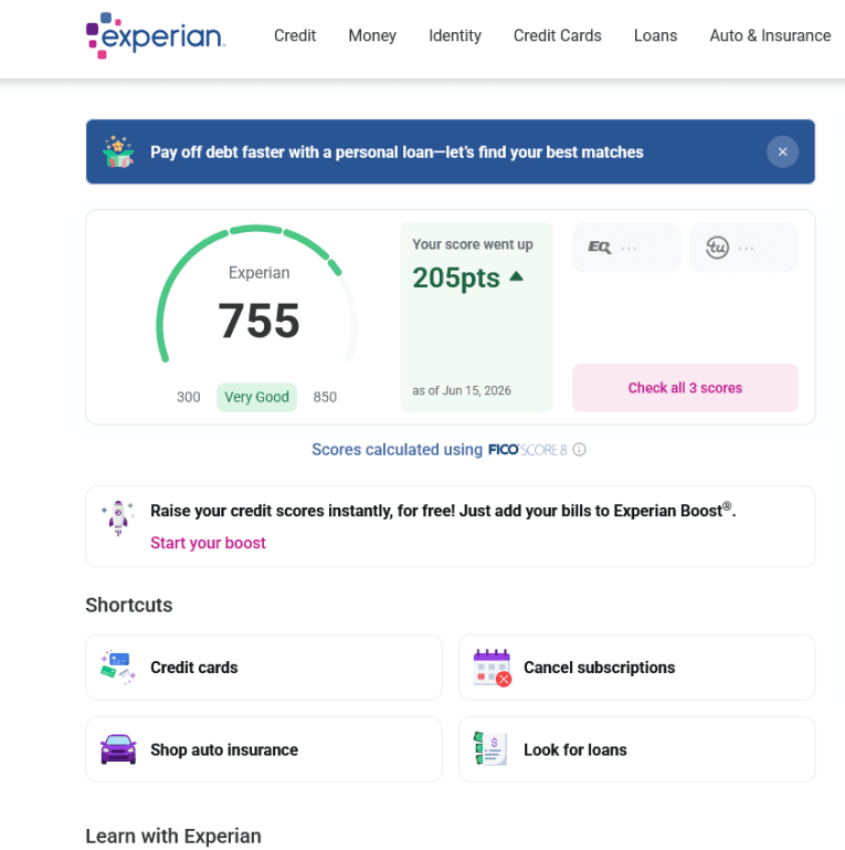 Experian dashboard showing score 755 and score went up 205 points as of June 15 2026