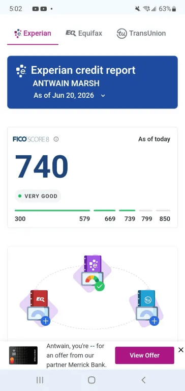 Experian credit report showing FICO Score 8 of 740 Very Good as of June 20 2026