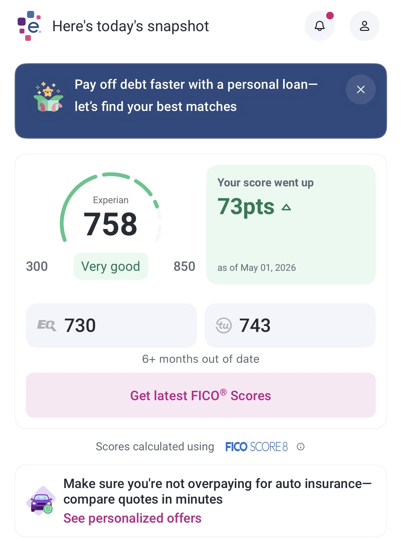 Experian score 758 — up 73 points
